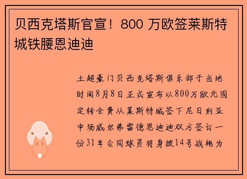 贝西克塔斯官宣！800 万欧签莱斯特城铁腰恩迪迪
