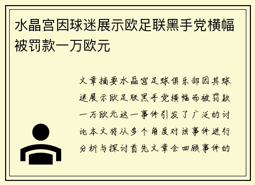水晶宫因球迷展示欧足联黑手党横幅被罚款一万欧元