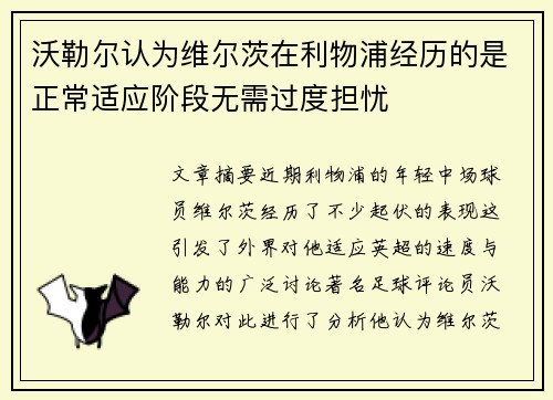 沃勒尔认为维尔茨在利物浦经历的是正常适应阶段无需过度担忧